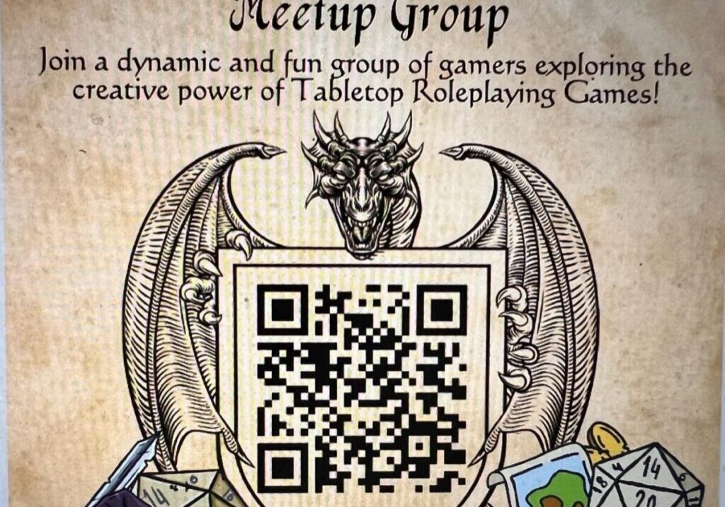 A graphically designed poster of a dragon-like figure with a QR Code and some text